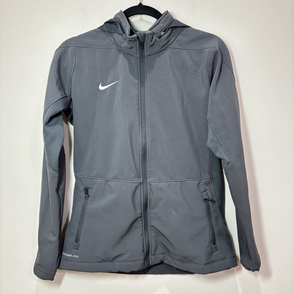 Nike Therma-Fit Women Jacket Gray Full Zip Hidden Hood M Softshell Lightweight
